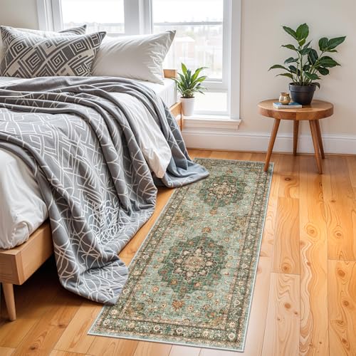 Washable Oriental Hallway Runner Rug - 2x6 Rugs for Living Room Soft Carpet for Bedroom Kitchen Waterproof Floral Distressed Indoor Stain Resistant Non-Shedding Floor Carpets (Green, 2X6) - color: Green, size: 2' x 6' (Rectangular)
