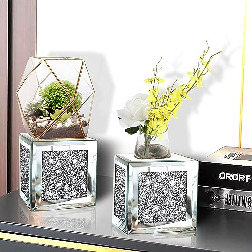 ZOLAPI Set of 2 Crystal Crush Diamond Candle Sconces, Gorgeous Silver Mirrored Wall Sconce, Candle Holder Glass Wall Decorations for Home Décor, Living Room, Dining Room. Floating Shelves - color: Silver Mirror Ｆ