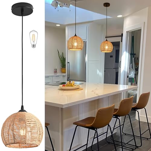 Mini Hemp Rope Woven Pendant Light Woven Light Fixture Boho Chandelier Light Fixture Wicker Pendant Light Rattan Light Pendant Dome Wicker Chandelier for Bedroom Kitchen Island(Bulb Incl.) - color: 8.7" Natural