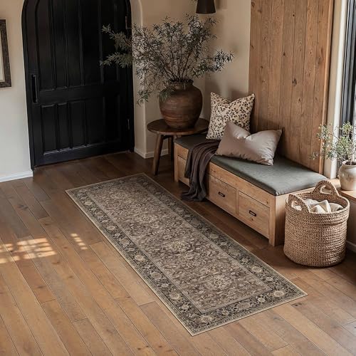 HUGEAR Brown Washable 2x6 Runner Rugs for Hallway Entryway Vintage Distressed Neutral Rug Carpet Durable Soft Non Slip & Shedding Stain Resistant Low Pile Indoor Home Decor - color: Retro | Brown, size: 2' x 6' (Runner)