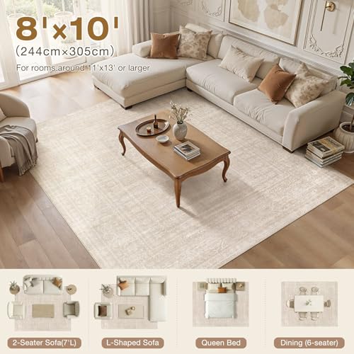 Nakagishi 8x10 Area Rugs Living Room: Washable Large Vintage Rug Neutral Non-Slip Soft Stain Resistant Indoor Carpet for Bedroom Nursery Dining Room Office Playroom - Beige - color: Beige, size: 8' x 10' (Rectangular)