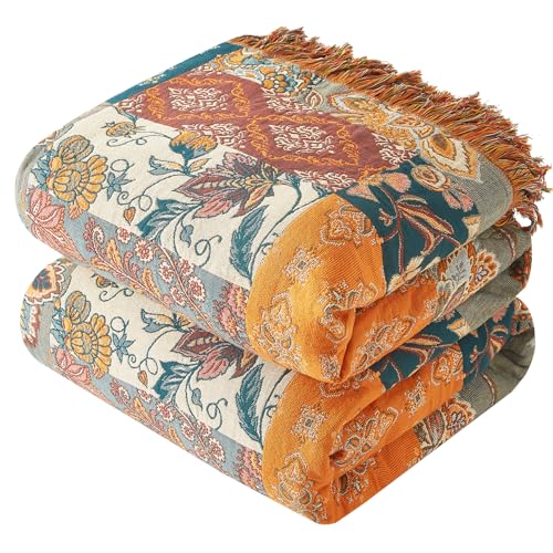 Bailix Boho Throw Blanket for Couch Sofa Bed, 100% Cotton Woven Quilt with Tassel 60”x80”, Super Soft Muslin Blanket with Floral Printed, Decorative Reversible Bed Blanket/Cover for All Seasons - color: A - Patchwork, size: Twin-60" X 80"