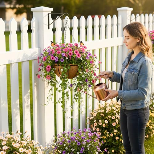 2 Pack Hanging Planters 12 Inch Metal Hanging Planter Basket Flower Pots with Coco Coir Liners Round Wire Plant Holder for Indoor Outdoor Patio Porch Garden Railings Decoration - color: Watermelon