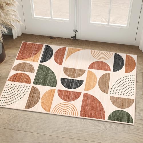 MUJOO Small Rug Washable,Boho 2x3 Area Rugs for Entryway Bathroom Entry Entrance Bedroom Kitchen,Front Door Mat Soft Throw Carpet Non Slip Indoor Modern Abstract Bohemian Terracotta - color: Rust and Brown, size: 2' x 3' (Rectangular)