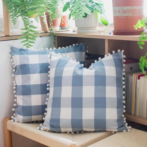 HOPLEE Farmhouse Light Blue Pillow Covers 22x22 Buffalo Check Pillows Covers Blue and White Pillow Covers with Pom Pom for Home Decor 22x22 Inches Set of 2 - color: Blue Plaid Pom, size: 22" x 22" (Pack of 2)