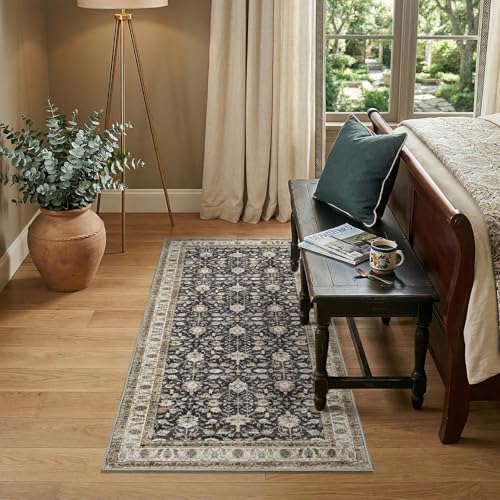 jinchan 2x5 Washable Vintage Runner Rug, Distressed Traditional Floral Hallway Runner, Soft Low-Pile Non-Slip Floor Mat for High-Traffic Kitchen Entryway Laundry Room Bathroom Vanity, Black - color: Oriental Taupe on Black, size: 2' x 5' (Runner)