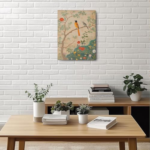 Vintage Birds Flowers Canvas Wall Art, Traditional Persian Birds Bohemian Wall Decor Framed Prints for Living Room Bedroom Bathroom Office Apartment Decor, Housewarming Gifts 11.5x15 Inch - color: Multi 1380