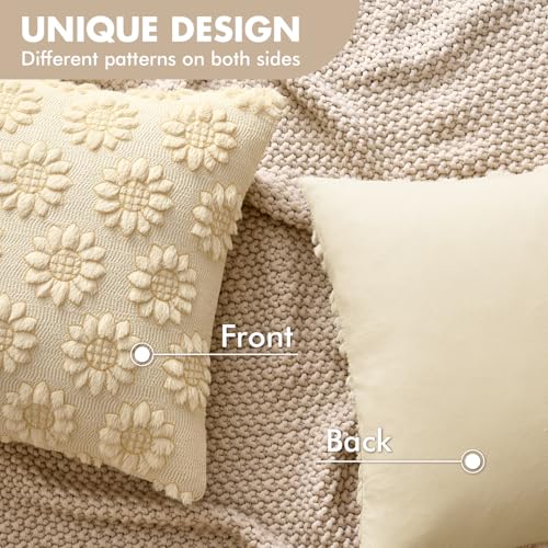 EMEMA Beige Floral Tufted Throw Pillow Covers, Set of 2 Soft Textured Decorative 20x20 Cushion Cases Bringing a Light, Cozy Layer to Sofa, Couch, Bedroom or Modern Farmhouse Living Room Décor - color: Beige-little Flower, size: 20" x 20" (Pack of 2)