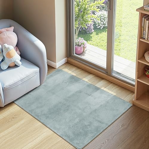 jinchan Solid Plush Area Rug 2x3 Performance Shaggy Washable Rug Indoor Entryway Doormat Soft Modern Faux Wool Cozy Non Slip Carpet for Living Room Kid Room Bedroom Nursery Slate Blue - color: Solid Slate Blue, size: 2' x 3' (Rectangular)