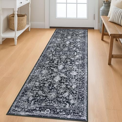 KILOCOCO Washable Runner 2x6 Rug Runner Printed Vintage Floral Kitchen Runners Non-Slip Rubber Backed Runners for Hallways Distressed Thin Soft Rugs for Entryway Laundry Room, Black/Navy/White - color: Black/White, size: 2' x 6' (Runner)