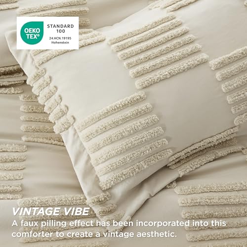 Bedsure Full Size Comforter Set Linen, Boho Tufted Bed Set, Grande Checkered Farmhouse-Style Distressed Vintage Bedding, 3 Pieces, 1 Plaid Geometric Comforter and 2 Pillow Shams - color: 07 - Linen - Large Checkboard, size: Full