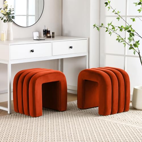 ONEVOG Velvet Pouf Ottoman, Small Ottoman Foot Rest for Couch, 18 Inch Cute Vanity Chairs for Makeup, Living Room Decorative, Sturdy Frame, Upholstered Modern Footrest for Bedroom, Dorm, Rust, 2Pcs - color: Rust