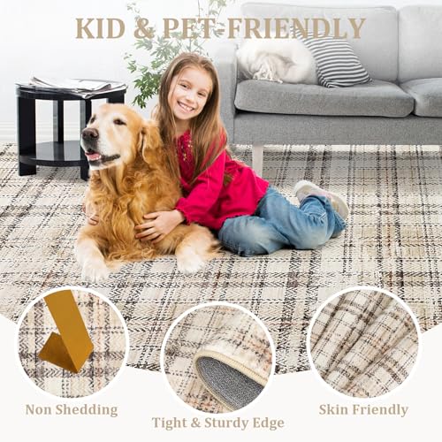 Garvee Washable Area Rugs 9x12 Living Room Rug Tartan Plaid Non Slip Soft Bedroom Rugs Farmhouse Low Pile Foldable Large Rug Stain Resistant Carpet for Nursery Dining Room Classroom, Beige - color: Plaid|beige, size: 9' x 12' (Rectangular)