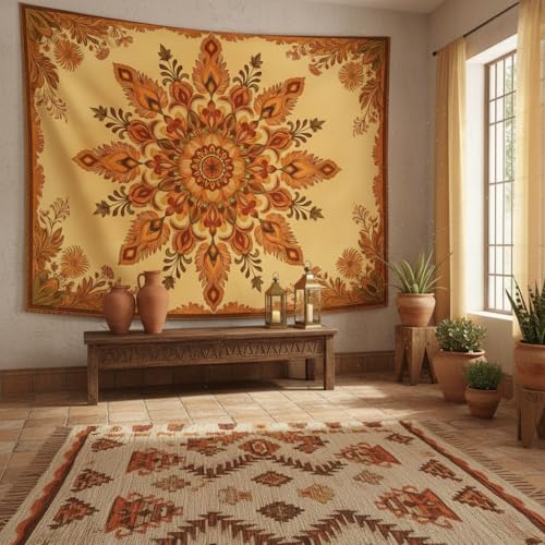 Motanber Boho Mandala Floral Tapestry Wall Hanging Bohemian Orange Yellow Flower Tapestry Aesthetic Vintage Sunflower Indian Large Tapestries for Bedroom Living Room Dorm Wall Decor 80 x 60 Inch - color: Orange Yellow, size: 80"L x 60"W