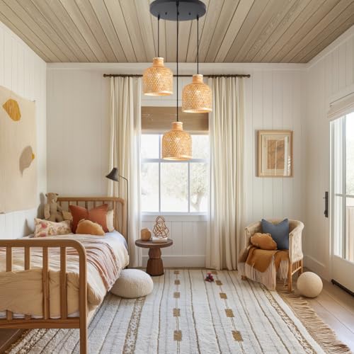 3-Light Bamboo Woven Pendant Light Boho Rattan Hanging Chandelier with Adjustable 59" Cord, Farmhouse Wicker Shade Ceiling Light Fixture for Dining Room Kitchen Island Living Room - color: Natural Wood Color