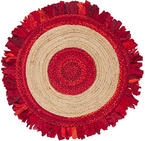 SAFAVIEH Cape Cod Collection 4' Round Red / Natural CAP701Q Handmade Boho Fringe Jute & Cotton Area Rug - color: Red/Natural, size: 4' (Round)