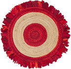 SAFAVIEH Cape Cod Collection 4' Round Red / Natural CAP701Q Handmade Boho Fringe Jute & Cotton Area Rug - color: Red/Natural, size: 4' (Round)