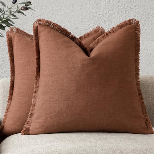 Foindtower Set of 2 Decorative Linen Fringe Throw Pillow Covers Farmhouse Cushion Cover with Tassels Soft Accent Pillowcase for Couch Chair Sofa Bed Living Room Home Decor,16×16 Inch,Fall Rust Orange - color: Late Autumn, size: 16" x 16" (Pack of 2)