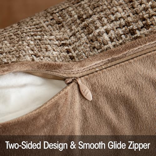 a moment Brown Reversible Pillow Covers 2 Pack - Farmhouse Chenille Velvet Throw Pillows, Neutral Textured Decorative Throw Pillow Covers with Border for Couch Sofa Bed (16x16 Inch, No Insert) - color: Brown, size: 16" x 16" (Pack of 2)