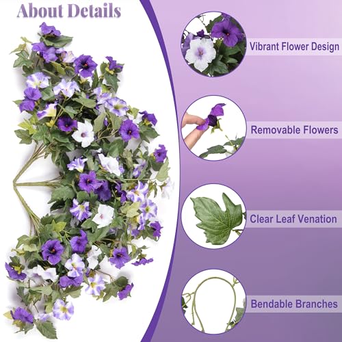 Ammyoo Artificial Hanging Fake Flowers with Basket Plants for Outdoor Decoration, Faux Silk Flower UV Resistant Morning Glory for Home Porch Patio Garden Balcony Yard Look Real (Purple White) - color: Purple White Basket, size: 3 Pcs with Basket