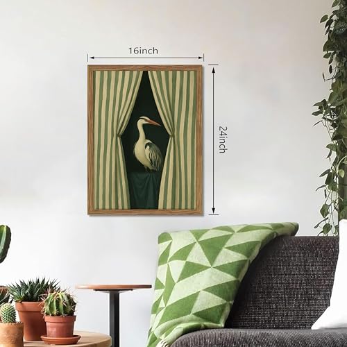 Framed Curtain Crane Canvas Wall ArtFramed Bird Wall Art, Elegant Heron Canvas Print, Vintage Coastal Bird Wall Decor, Abstract Heron Painting, Striped Curtain Picture Poster Artwork for Living Room Bedroom 16x24 inch - color: Elegant Heron, size: 24"L x