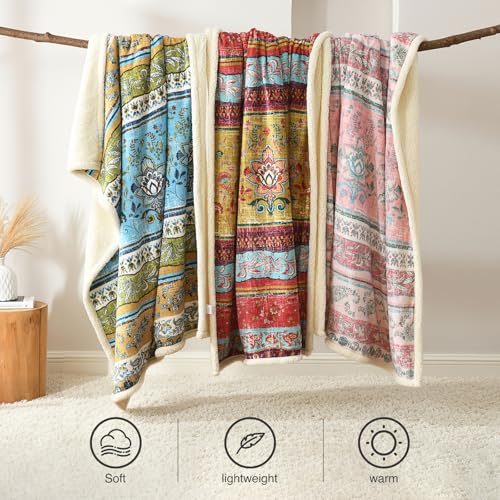 Boho Chic Sherpa Throw Blanket - Vibrant Bohemian Print & Ultra-Soft Cozy Lining, Stylish & Warm Winter Throw for Couch, Bed, or Décor - color: Boho-olive Green, size: 60" x 80"