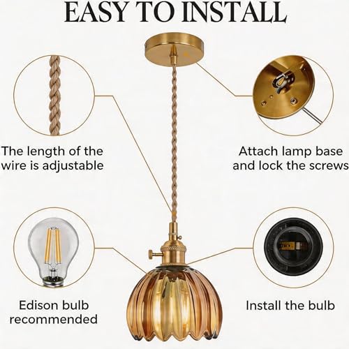 Amber Tulip Glass Pendant Light, 2 Natural Light Bulbs Included, Adjustable Cord with Switch, Suitable for Kitchen Island/Dining Room - color: Amber 2pcs Tulip Pendant Light