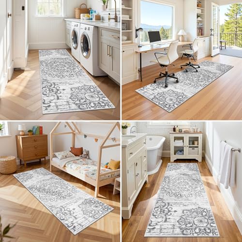 HEBE Hallway Runner Rug 2'x6' Washable Vintage Kitchen Rugs Non Slip Laundry Rug Runner Distressed Boho Floor Carpet Runners for Hallways Entryway Laundry Room Kitchen Bathroom - color: Grey, size: 2' x 6' (Rectangular)