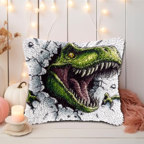 DIY Latch Hook Pillow Kits Green Dinosaur Printed Pillowcase Crochet Yarns Hooking Handmade Pillow Cover Cushion for Home Sofa Decoration 17x17inch-6 - color: 10-Green Dinosaur