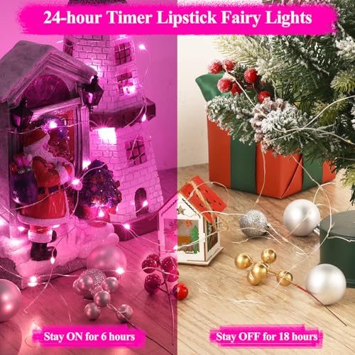 Lakumu 16FT(5M) Pink Copper Wire Fairy Lights, Rechargeable Battery Operated String Lights with Timer, 8 Modes Waterproof Mini LED Twinkle Lights for Bedroom Christmas Wedding Centerpiece Table Decor - color: Pink, size: 16FT