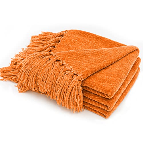 RECYCO Throw Blanket Soft Cozy Chenille Throw Blanket with Fringe Tassel for Couch Sofa Chair Bed Living Room (Orange, 50'' x 60'') - color: Orange, size: 50'' X 60''