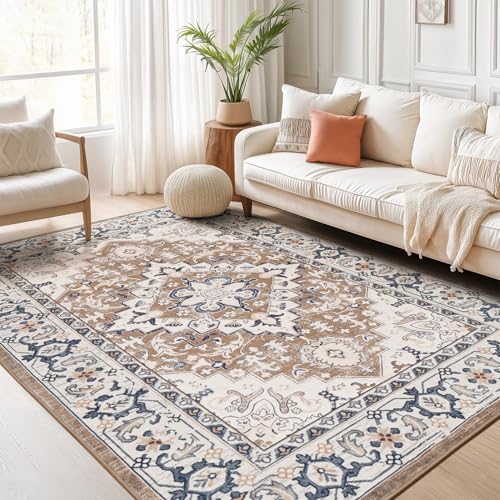 Lofus 5x7 Area Rugs for Living Room, Washable Area Rug, Rugs for Bedroom, Kitchen, Vintage Boho Carpet, Soft Non-Slip, Low Pile Large Area Rug for Office Dining Room, Floral Brown - color: Floral Brown, size: 5' x 7' (Rectangular)