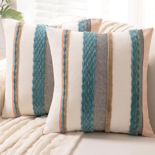 Boho Throw Pillow Covers 18x18 Set of 2 Farmhouse Decorative Cushion Case Striped Square Pillows Cover Chenille Pillow Cases Accent Neutral Pillowcase for Sofa Couch Bed,Blue - color: Blue Stripe