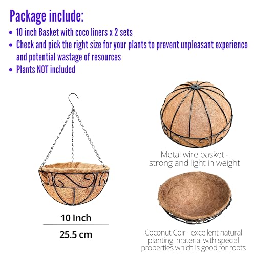 LaLaGreen Hanging Planter for Outdoor Plants (10 Inch, 2 Pack) Hanging Baskets with Coco Liner, Black Metal Wire Flower Basket Pots with Hook Hanger Balcony Porch Farmhouse Country Style Garden Decor - size: 10" x 2 Pack