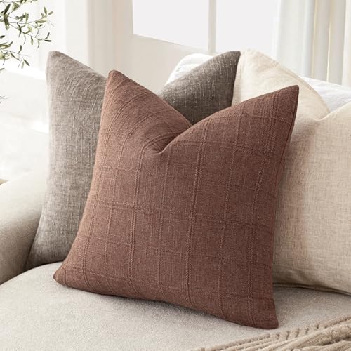 Foindtower Set of 1 Decorative Linen Check Throw Pillow Cover Neutral Farmhouse Vintage Cushion Cover Modern Boho Home Decor for Sofa Chair Couch Bedroom Living Room,16×16 Inch,Autumnal Red - color: Coconut Shell, size: 16" x 16" (Pack of 1)