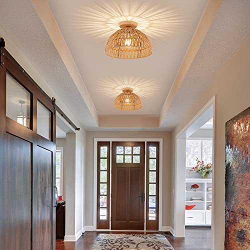 Boho Rattan Ceiling Light Fixtures Boho Lamp Shade Flush Mount Ceiling Light Hand-Woven Small Chandelier Wooden Base Chandelier Light for Hallway Bedroom Kitchen Nursery - color: Brown-Ceiling light