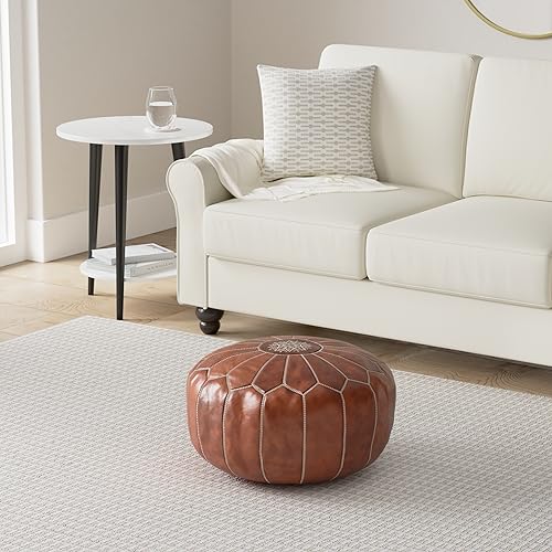 Marrakesh Gallery Genuine Leather Round Pouf Cover - Handmade Moroccan Ottoman Footstool, Unstuffed Footrest - Boho Decor - Bohemian Living Room, Bedroom, Kids Room - Housewarming Gift & Wedding - color: Dark Brown