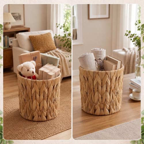 Set of 4 Water Hyacinth Planter Basket Boho Rattan Handwoven Storage Baskets Cottage Rustic Farmhouse Woven Rustic Wicker Sundries Baskets Artificial Flower Pots for Organizing Indoor Decor