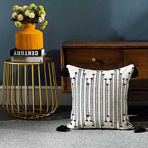 LIGICKY Boho Throw Pillow Covers with Tassel Decorative Square Woven Pillowcase for Couch Sofa Bed, Black and White 18x18 Inch - color: Black Stripe, size: 18" x 18" (Pack of 1)
