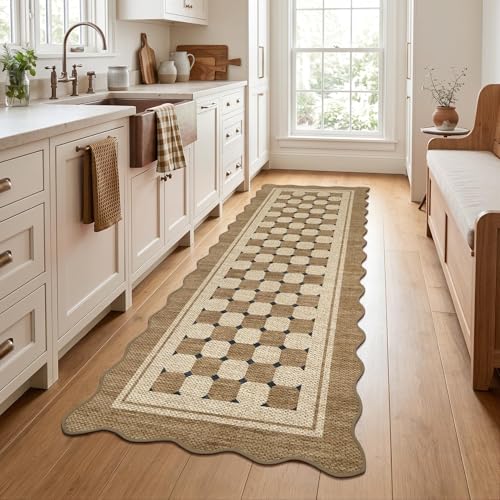Garvee Scalloped Easy Jute Runner 2x6 Kitchen Runner Rug, Washable Rugs for Entryway Non Slip Outdoor Indoor Jute Hallway Rug, Farmhouse Morden Carpet for Entry Bedroom Laundry 2'x6' - color: Checkered|jute, size: 2' x 6' (Runner)