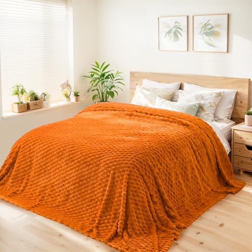 Vessia Flannel Fleece Queen Size Bed Blanket(90x90 inch), 3D Jacquard Burnt Orange Fuzzy and Warm Blanket for Adults, 300GSM Super Soft Touch Cozy Lightweight Home Decor for All-Season - color: Burnt Orange-3d, size: 90x90 inch