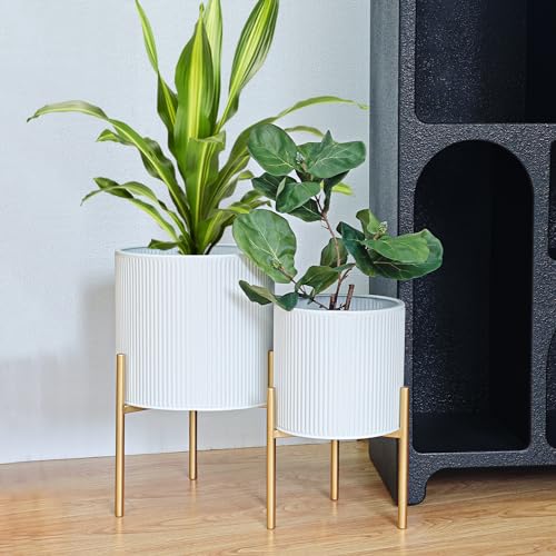 ARNIS Modern Planter Pots, Set of 2 Round Large Planters with Stand, Decorative Floor Planters, Metal Pots with Drainage Holes for Living Room, Office, Garden or Balcony, 8.25 &10.5 Inch, White & Gold - color: White, size: 8.25 &10.5