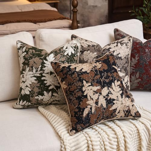 Yangest Neutral Leaf Pillow Cover 18 x18 Inches, Vintage Chenille Square Throw Pillow Cover Soft Leaves Nature Accent Couch Pillow Cover for Living Room Bedroom, Coffee Brown - color: Coffee Brown, size: 18" x 18" (Pack of 1)