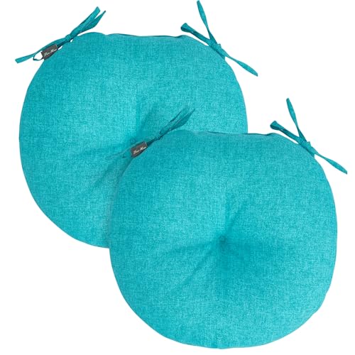FUNHOME 15"x15"x4" Bistro Chair Cushion Set of 2, Water Repellent Round Outdoor Chair Cushions with Ties, Patio Tufted Chair Pads for Home Garden (Aqua Blue) - color: Aqua Blue