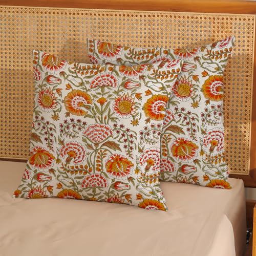 Boho Pillow Covers 16x16 Inch 2 Pcs Fall Burnt Orange Yellow Green Vintage Floral Decor Throw Pillows Spring Flower Summer Outdoor Farmhouse Decoration Pillowcase Cushion Cover for Couch Sofa - color: Boho Burnt Orange Floral, size: 16" x 16" (Pack of 2)