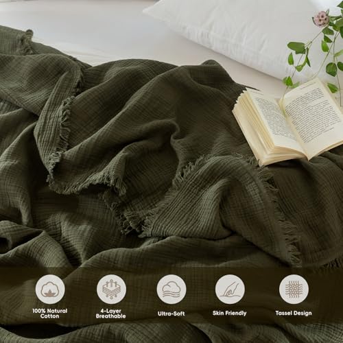 MooMee Muslin Blanket - 100% Cotton 4-Layer Gauze Throw Blanket with All-Around Fringe, Soft Breathable Lightweight Cooling Summer Blankets for Bed Couch (Olive Green,Queen 90" x 90") - color: Olive Green, size: Queen