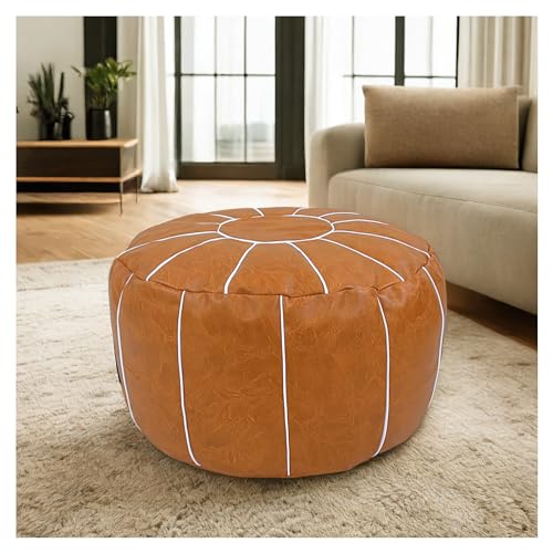 Louis Donné Pouf Ottoman Cover, Handmade Faux PU Leather Moroccan Style, Unstuffed Pouffe Ottomans,20.8" Round Foot Rest for Living Room,Floor Small Bean Bag Chair Gifts for Kids ONLY Cover(Orange)