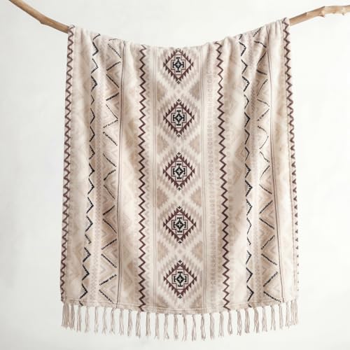 CASAAGUSTO Boho Throw Blanket with Tassel, Farmhouse Western Flannel Bohemian Blanket, Vintage Native Mexican Decorative Throw, Ideal for Gifting (60x80 Inches, Beige and Gray) - color: Beige and Gray, size: 60X80