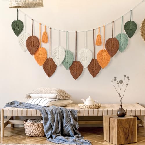 Betylifoy Macrame Wall Hanging Boho Woven Tapestry Chic Home Decor Handmade Yarn Tassels Colorful Leaf Feather Wall Hanging Tapestry Bohemian Wall Art Decorations for Nursery Bedroom Living Room Backdrop - color: Colorful