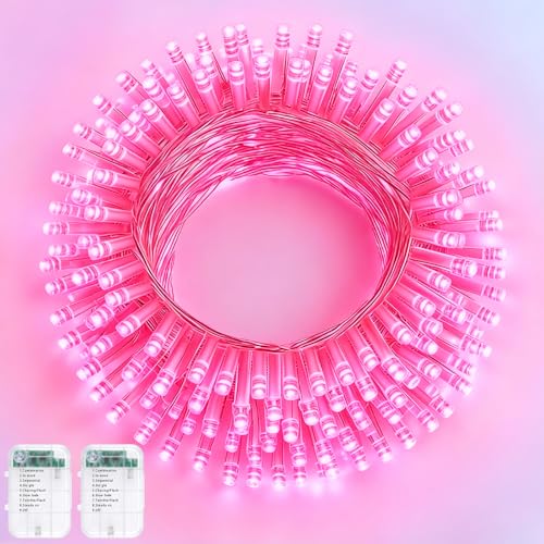 Pooqla 2 Pack String Lights Battery Operated, Total 33.3ft 100 LED Fairy Lights Indoor Outdoor Decorations, 8 Modes Pink Battery Christmas Lights for Bedroom Classroom Porch Party Yard Wedding Decor - color: Pink, size: 50 LED x2